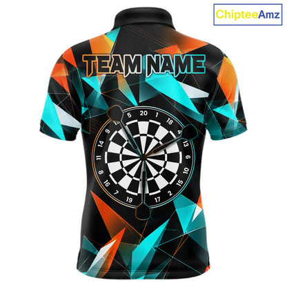 Orange and turquoise darts polo shirt with geometric design and dartboard, customizable name and team name