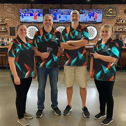 Custom Darts Shirts For Men, Orange And Turquoise Geometric Darts Team Jersey Polo & Quarter Zip TDM6629