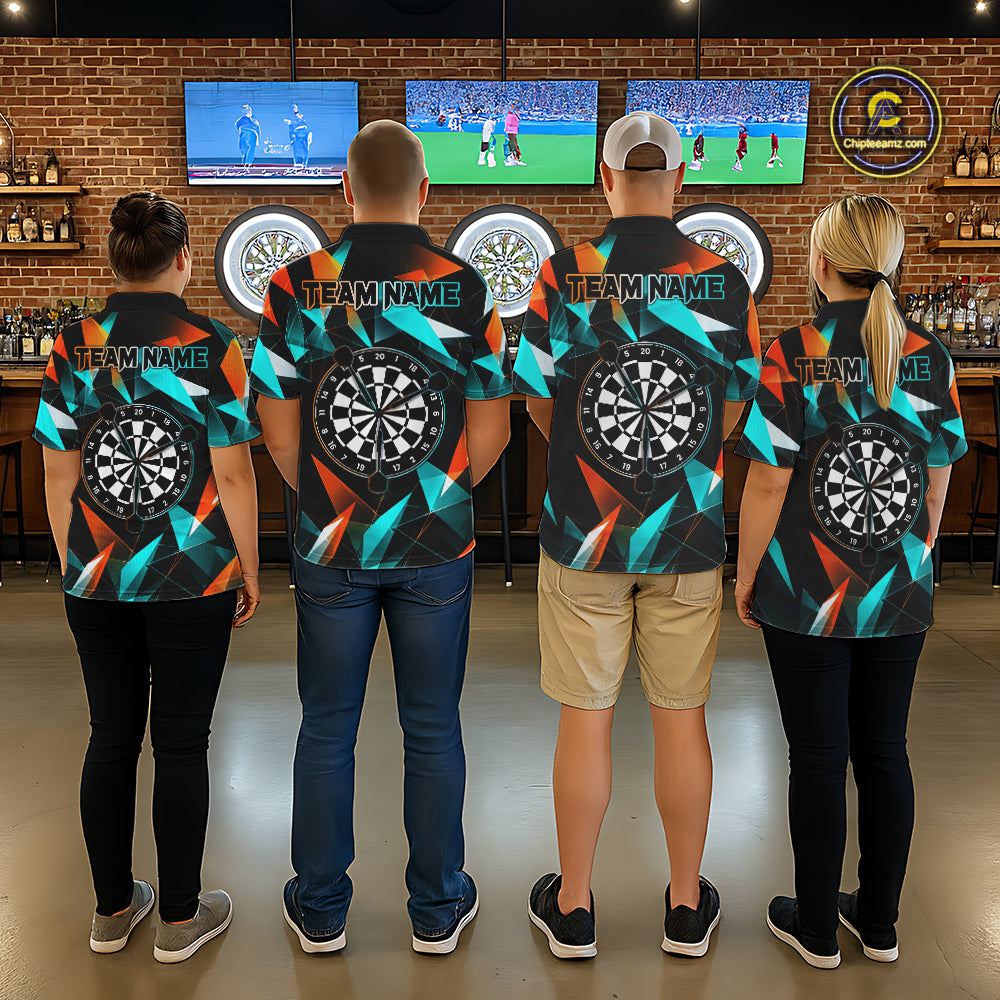 Custom Darts Shirts For Men, Orange And Turquoise Geometric Darts Team Jersey Polo & Quarter Zip TDM6629