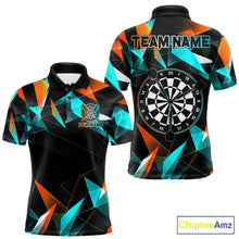 Load image into Gallery viewer, Orange and turquoise darts polo shirt with geometric design and dartboard, customizable name and team name