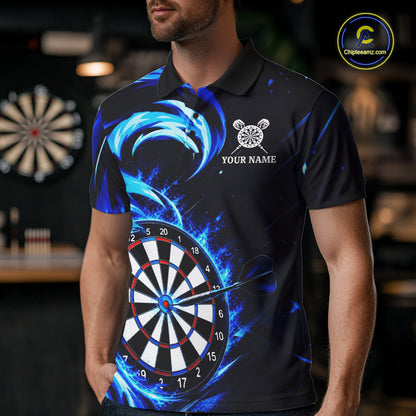 Black And Blue Flame Darts Shirt For Men, Custom Darts League Team Jersey Polo & Quarter Zip TDM6631