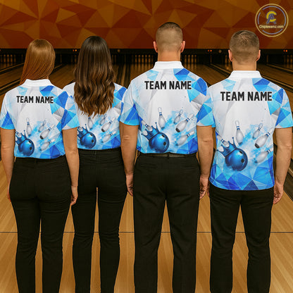 Custom White And Blue Geometric Smoke Bowling Shirts For Men, Bowling Team Jersey Polo & 1/4 Zip TDM6634