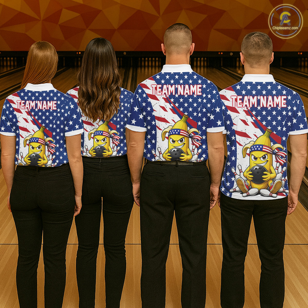 Funny Banana American Flag Bowling Jersey For Women, Custom Patriotic Bowling Shirts Polo & 1/4 Zip TDM6636
