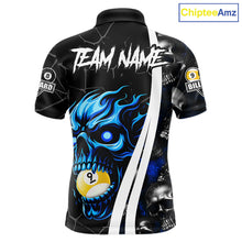 Load image into Gallery viewer, Blue skull 8 ball and 9 ball pool team polo shirt for men with skull billiard graphics.