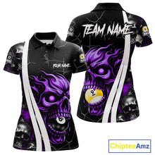 Load image into Gallery viewer, Purple skull 8 ball and 9 ball custom billiard polo shirt for women, pool team jersey and tournament apparel.