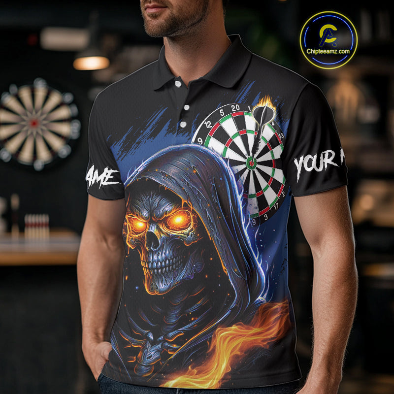 Personalized Blue Grim Reaper Fire Dart Shirts For Men Custom Skull Dart Jersey Polo & 1/4 Zip TDM4892