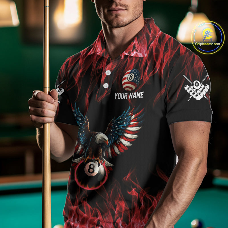 Red Flaming American Flag Eagle 8 Ball Billiard Shirt For Men Custom Patriotic Pool Team Jersey TDM5587