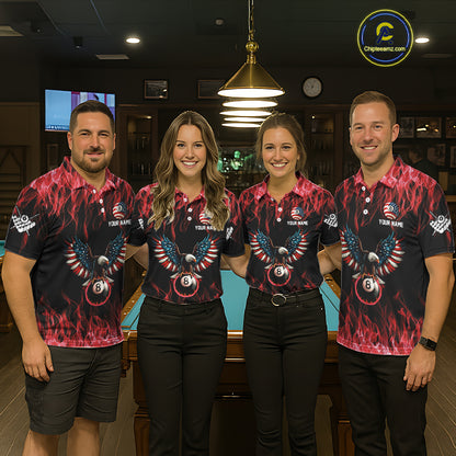 Red Flaming American Flag Eagle 8 Ball Billiard Shirt For Women Custom Patriotic Pool Team Jersey TDM5587