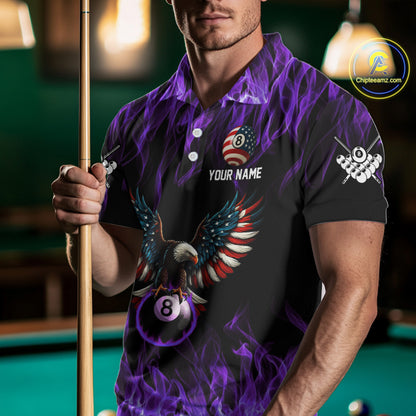 Purple Flaming American Flag Eagle 8 Ball Billiard Shirt For Men Custom Patriotic Pool Team Jersey TDM5588