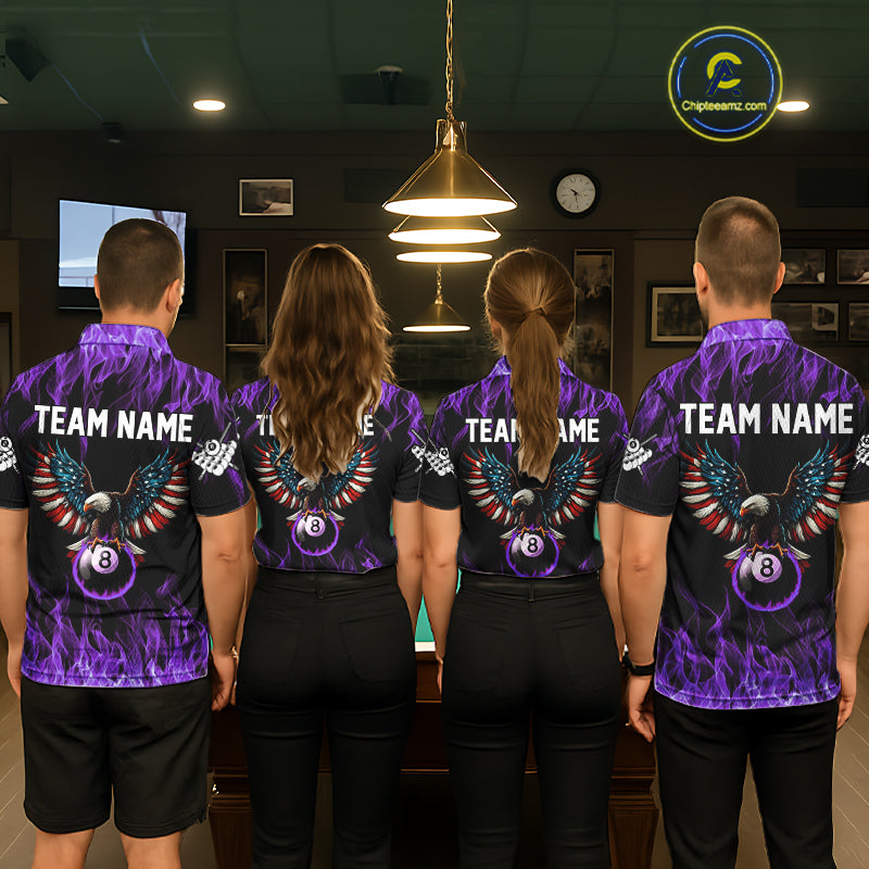 Purple Flaming American Flag Eagle 8 Ball Billiard Shirt For Men Custom Patriotic Pool Team Jersey TDM5588