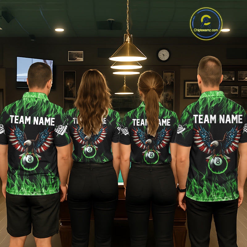 Green Flaming American Flag Eagle 8 Ball Billiard Shirt For Women Custom Patriotic Pool Team Jersey TDM5589
