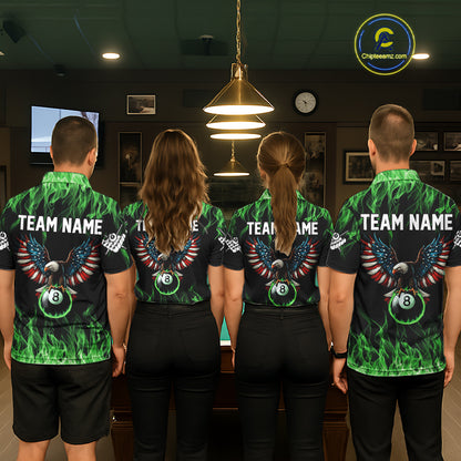 Green Flaming American Flag Eagle 8 Ball Billiard Shirt For Women Custom Patriotic Pool Team Jersey TDM5589