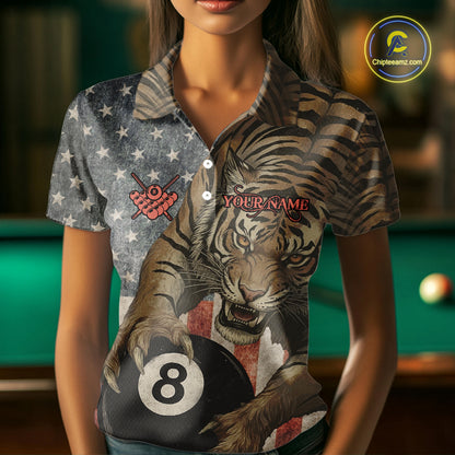 Personalized Vintage American Flag Tiger Billiard Shirt For Women, 8 Ball Pool Billiard Team Jerseys TDM5590