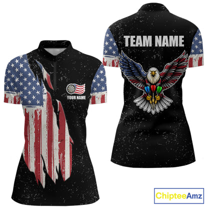 Personalized Grunge US Flag Eagle Darts Shirt For Women, Patriotic Darts Team Jersey Polo & 1/4 Zip TDM5831
