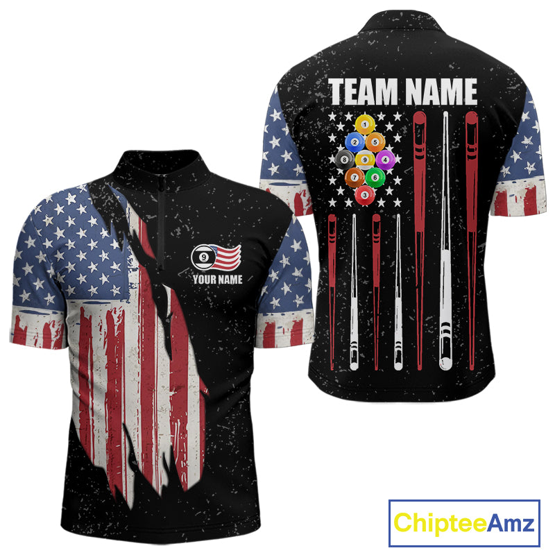 Personalized Grunge American Flag Men's Billiard Shirt Custom 9 Ball Pool Billiard Team Jersey TDM5832