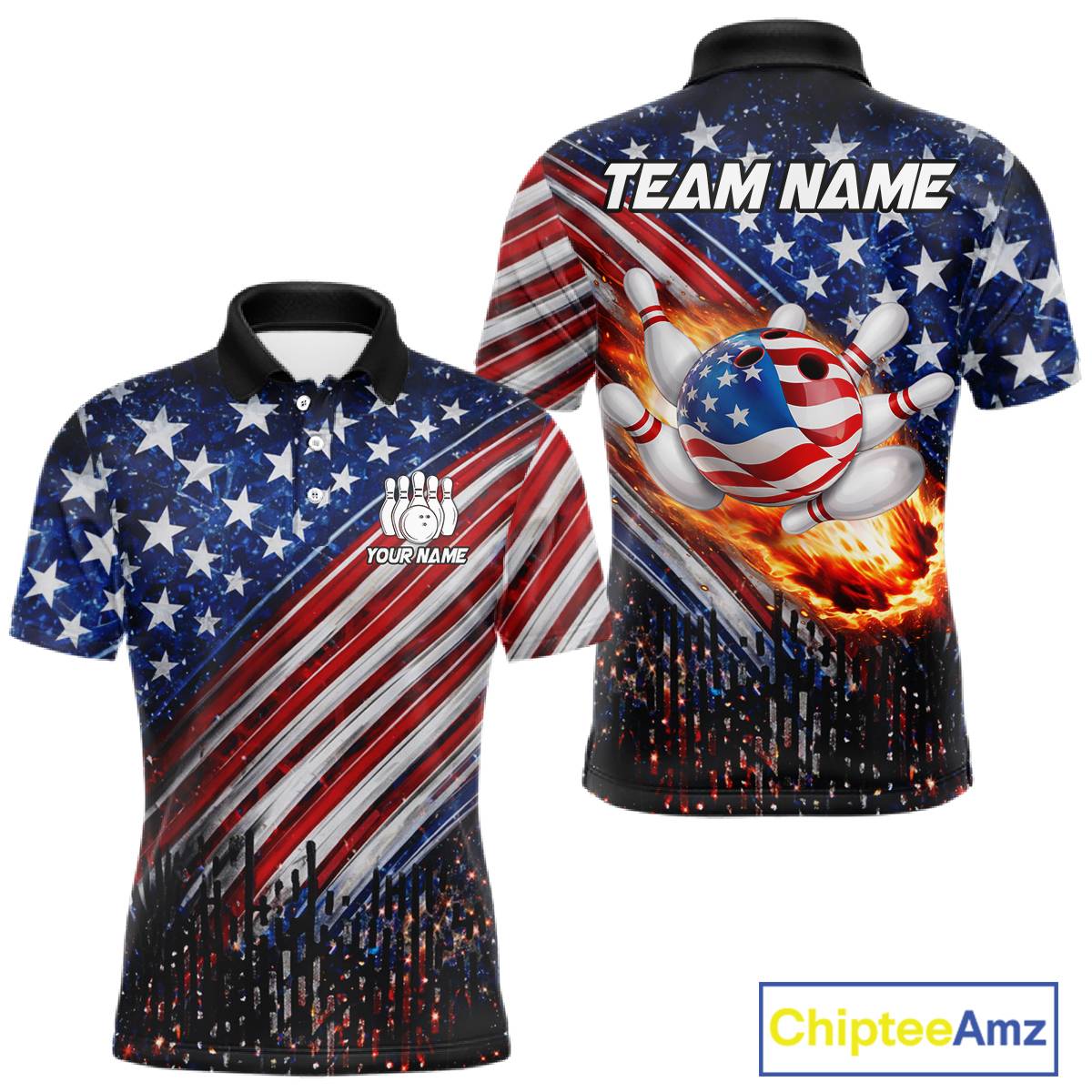 American Flag Fire Patriotic Bowling Shirt For Men Custom Bowling Team Jersey Polo & 1/4 Zip TDM6204