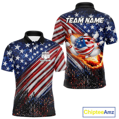 American Flag Fire Patriotic Bowling Shirt For Men Custom Bowling Team Jersey Polo & 1/4 Zip TDM6204
