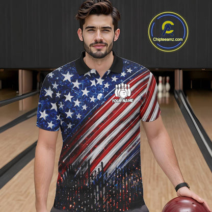 American Flag Fire Patriotic Bowling Shirt For Men Custom Bowling Team Jersey Polo & 1/4 Zip TDM6204