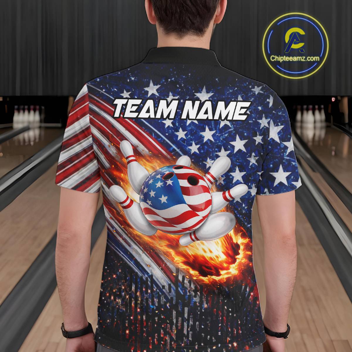 American Flag Fire Patriotic Bowling Shirt For Men Custom Bowling Team Jersey Polo & 1/4 Zip TDM6204