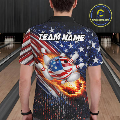 American Flag Fire Patriotic Bowling Shirt For Men Custom Bowling Team Jersey Polo & 1/4 Zip TDM6204