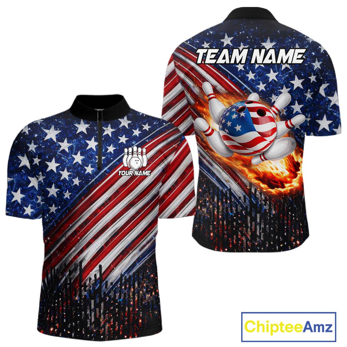 American Flag Fire Patriotic Bowling Shirt For Men Custom Bowling Team Jersey Polo & 1/4 Zip TDM6204