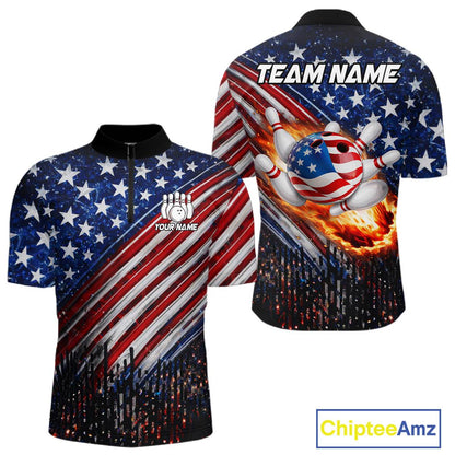 American Flag Fire Patriotic Bowling Shirt For Men Custom Bowling Team Jersey Polo & 1/4 Zip TDM6204
