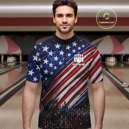 American Flag Fire Patriotic Bowling Shirt For Men Custom Bowling Team Jersey Polo & 1/4 Zip TDM6204