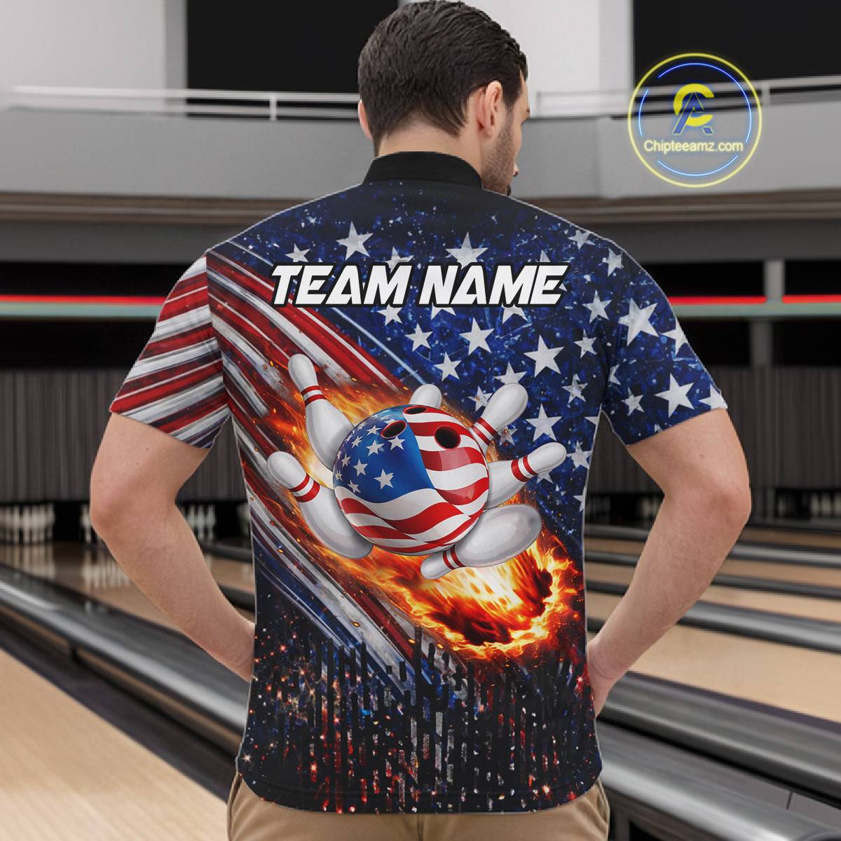 American Flag Fire Patriotic Bowling Shirt For Men Custom Bowling Team Jersey Polo & 1/4 Zip TDM6204