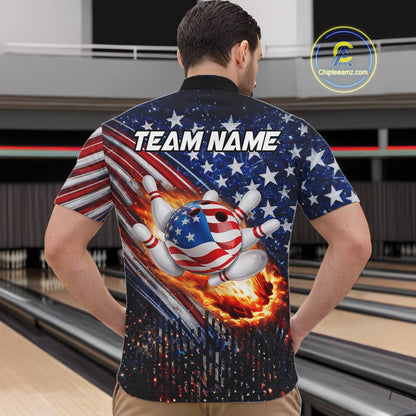 American Flag Fire Patriotic Bowling Shirt For Men Custom Bowling Team Jersey Polo & 1/4 Zip TDM6204