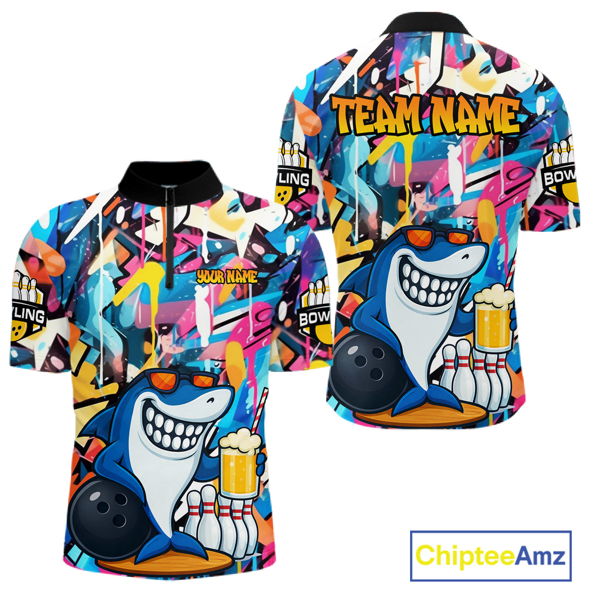 Funny Shark Colorful Graffiti Bowling Shirts For Men, Best Bowling Team Jersey Polo & 1/4 Zip TDM6208