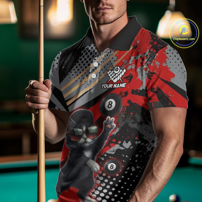Custom Red Funny Cat Billiard Shirt For Men, Personalized 8 Ball Pool Team Jersey Polo & 1/4 Zip TDM6441