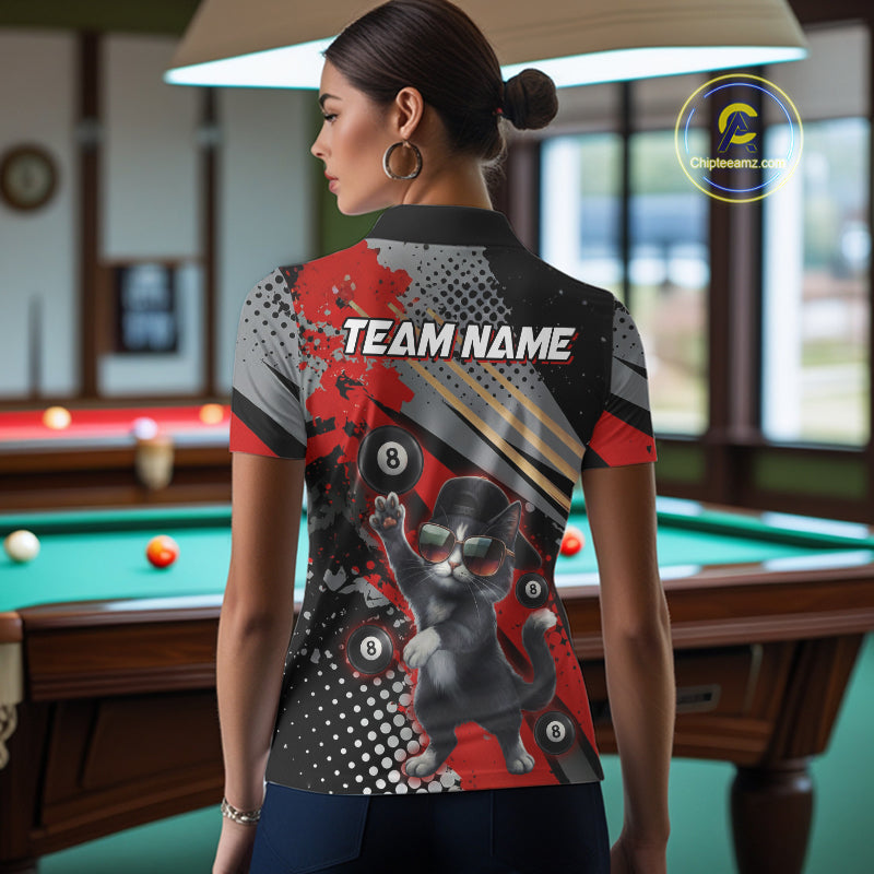 Custom Red Funny Cat Billiard Shirt For Women, Personalized 8 Ball Pool Team Jersey Polo & 1/4 Zip TDM6441