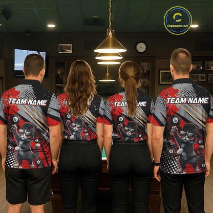 Custom Red Funny Cat Billiard Shirt For Women, Personalized 8 Ball Pool Team Jersey Polo & 1/4 Zip TDM6441
