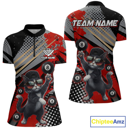 Custom Red Funny Cat Billiard Shirt For Women, Personalized 8 Ball Pool Team Jersey Polo & 1/4 Zip TDM6441