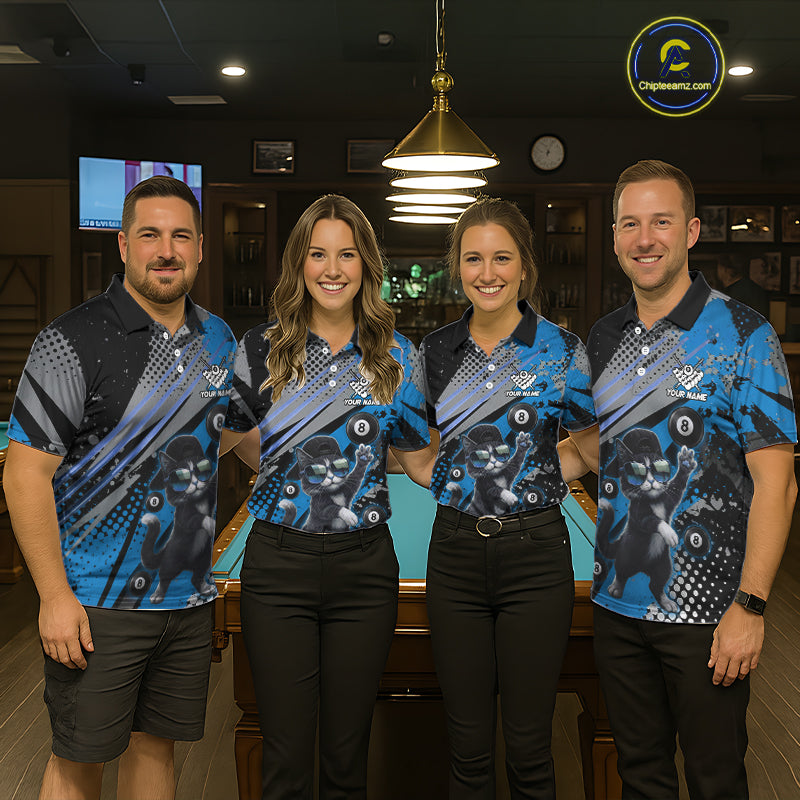 Custom Blue Funny Cat Billiard Shirt For Women, Personalized 8 Ball Pool Team Jersey Polo & 1/4 Zip TDM6442