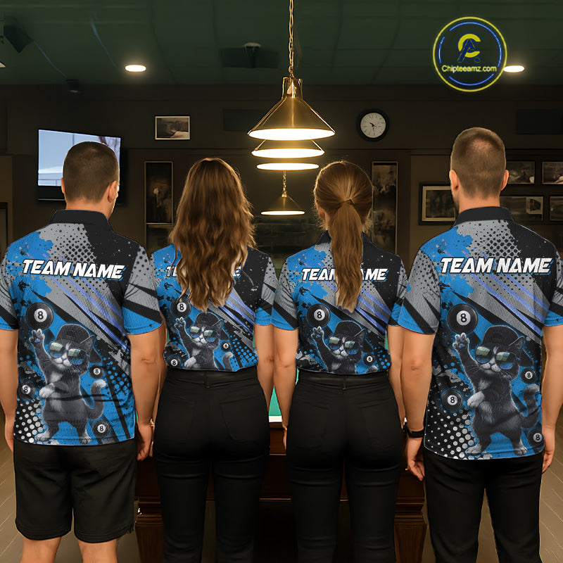 Custom Blue Funny Cat Billiard Shirt For Women, Personalized 8 Ball Pool Team Jersey Polo & 1/4 Zip TDM6442
