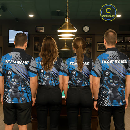 Custom Blue Funny Cat Billiard Shirt For Women, Personalized 8 Ball Pool Team Jersey Polo & 1/4 Zip TDM6442