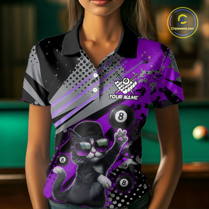Custom Purple Funny Cat Billiard Shirt For Women, Personalized 8 Ball Pool Team Jersey Polo & 1/4 Zip TDM6443