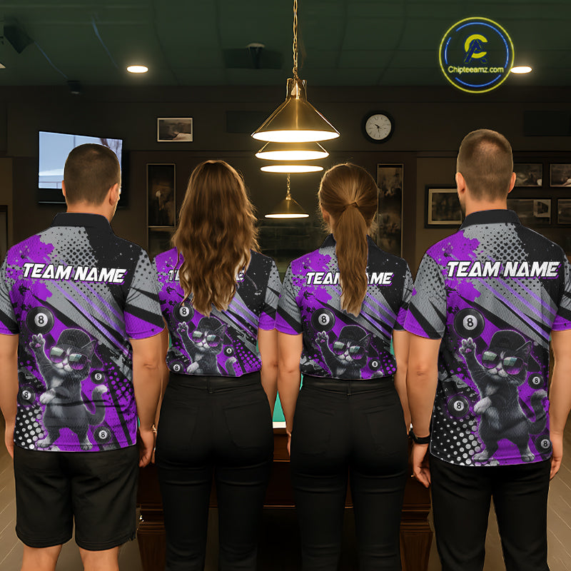 Custom Purple Funny Cat Billiard Shirt For Men, Personalized 8 Ball Pool Team Jersey Polo & 1/4 Zip TDM6443