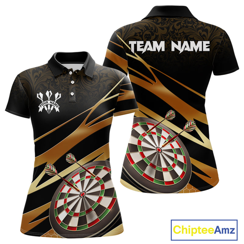Black And Gold Dart Shirts For Women Custom 3D Dartboard Jersey, Darts Team Polo & Quarter Zip TDM4094