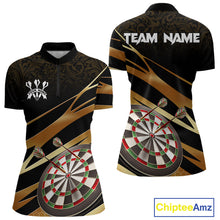 Load image into Gallery viewer, Black And Gold Dart Shirts For Women Custom 3D Dartboard Jersey, Darts Team Polo &amp; Quarter Zip TDM4094