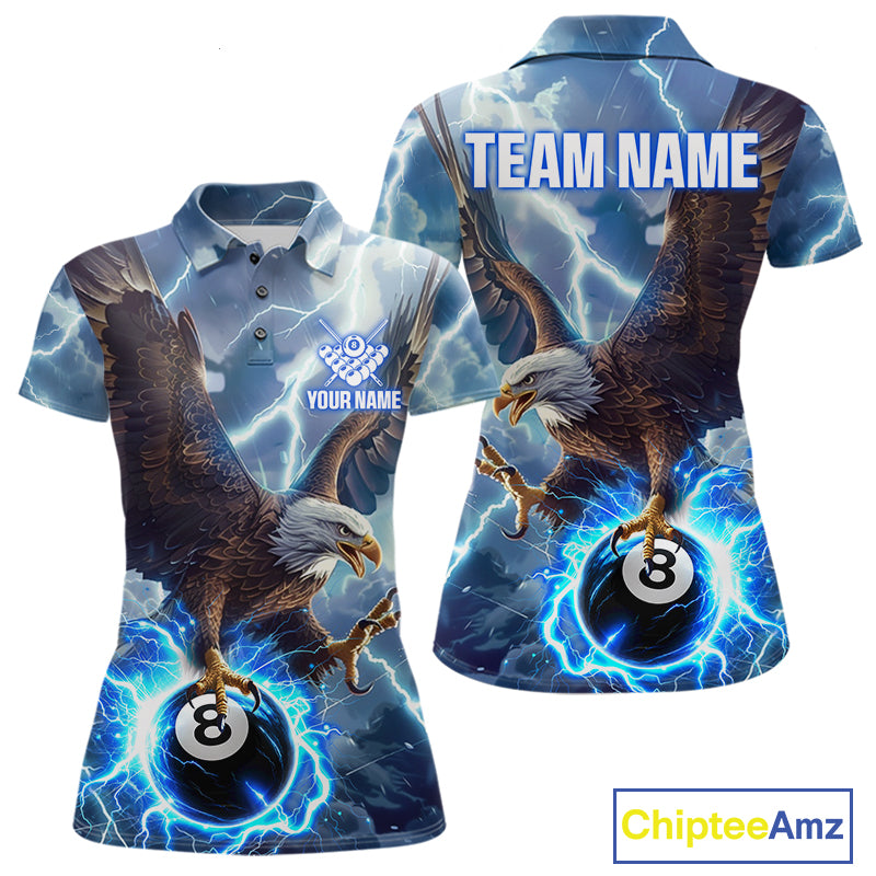 Custom blue thunder eagle pool jersey for women with bold billiard team artwork.