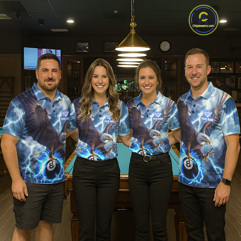 Pool team wearing matching blue thunder eagle billiard jerseys during league play front view.