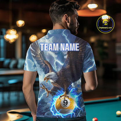 Back view of man wearing a blue lightning eagle pool team shirt in a billiards hall.