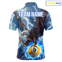 Load image into Gallery viewer, Custom blue lightning eagle pool jersey for men with patriotic billiard artwork.