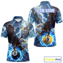 Load image into Gallery viewer, Men’s blue lightning eagle billiard polo shirt with 8 ball and 9 ball graphics for league players.