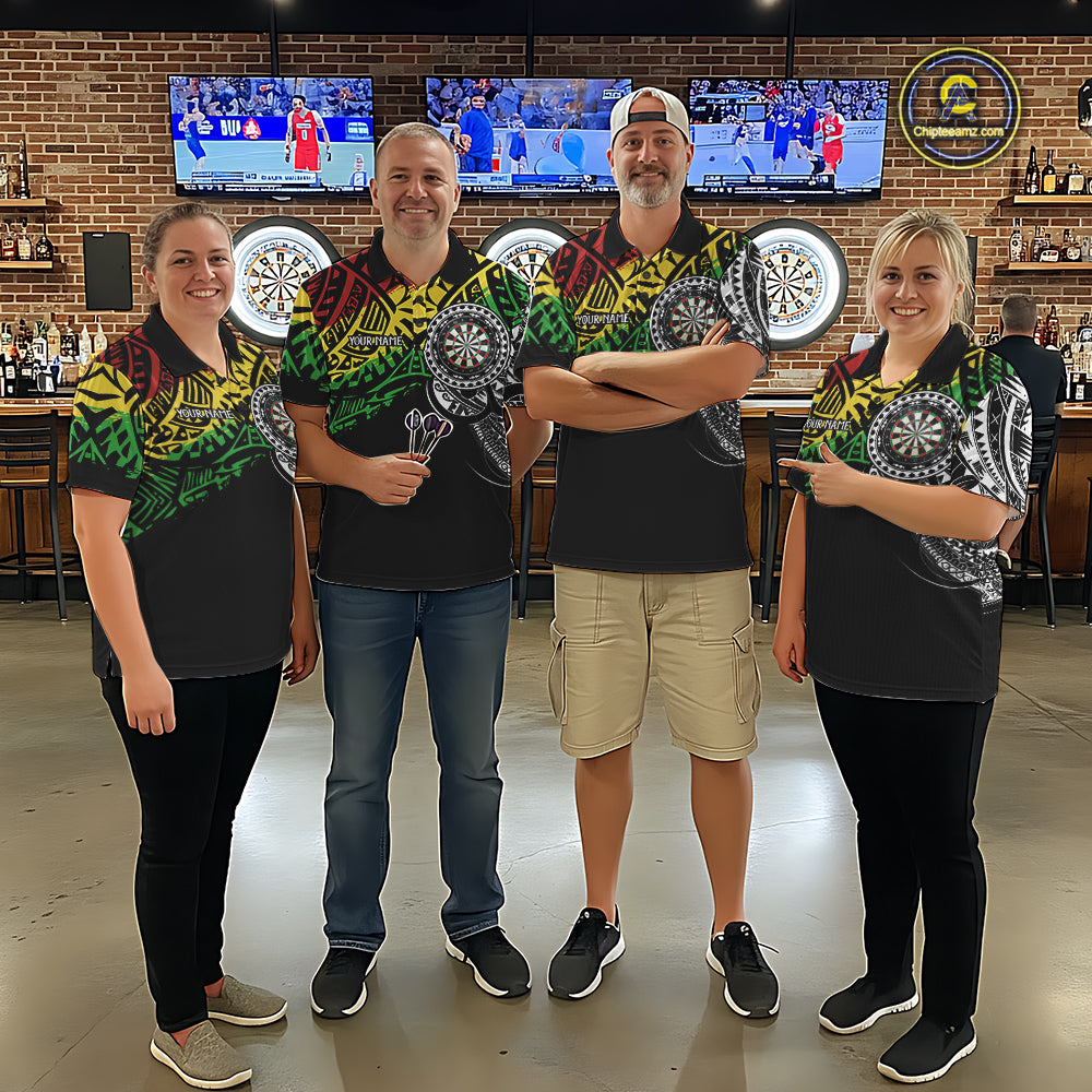 Darts team wearing matching tribal pattern jerseys together during tournament play front view.