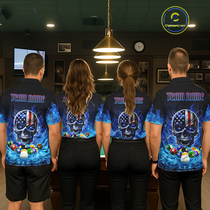 Back view of pool players wearing custom blue flame billiard shirts in a game room.