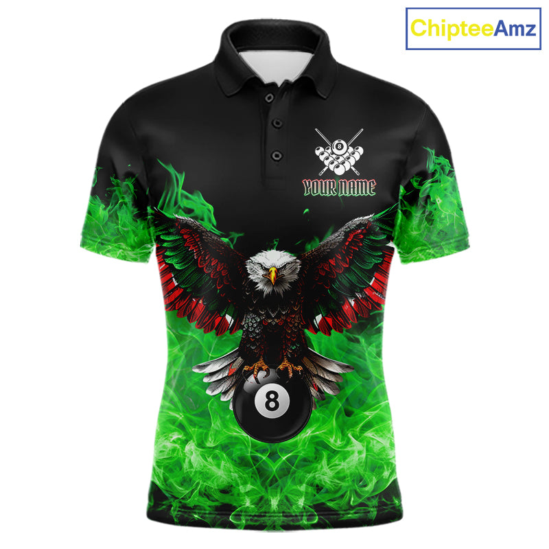 Custom green flame eagle skull billiard jersey for men designed for league and tournament play.