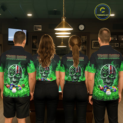 Back view of pool players wearing custom green flame billiard shirts in a game room.